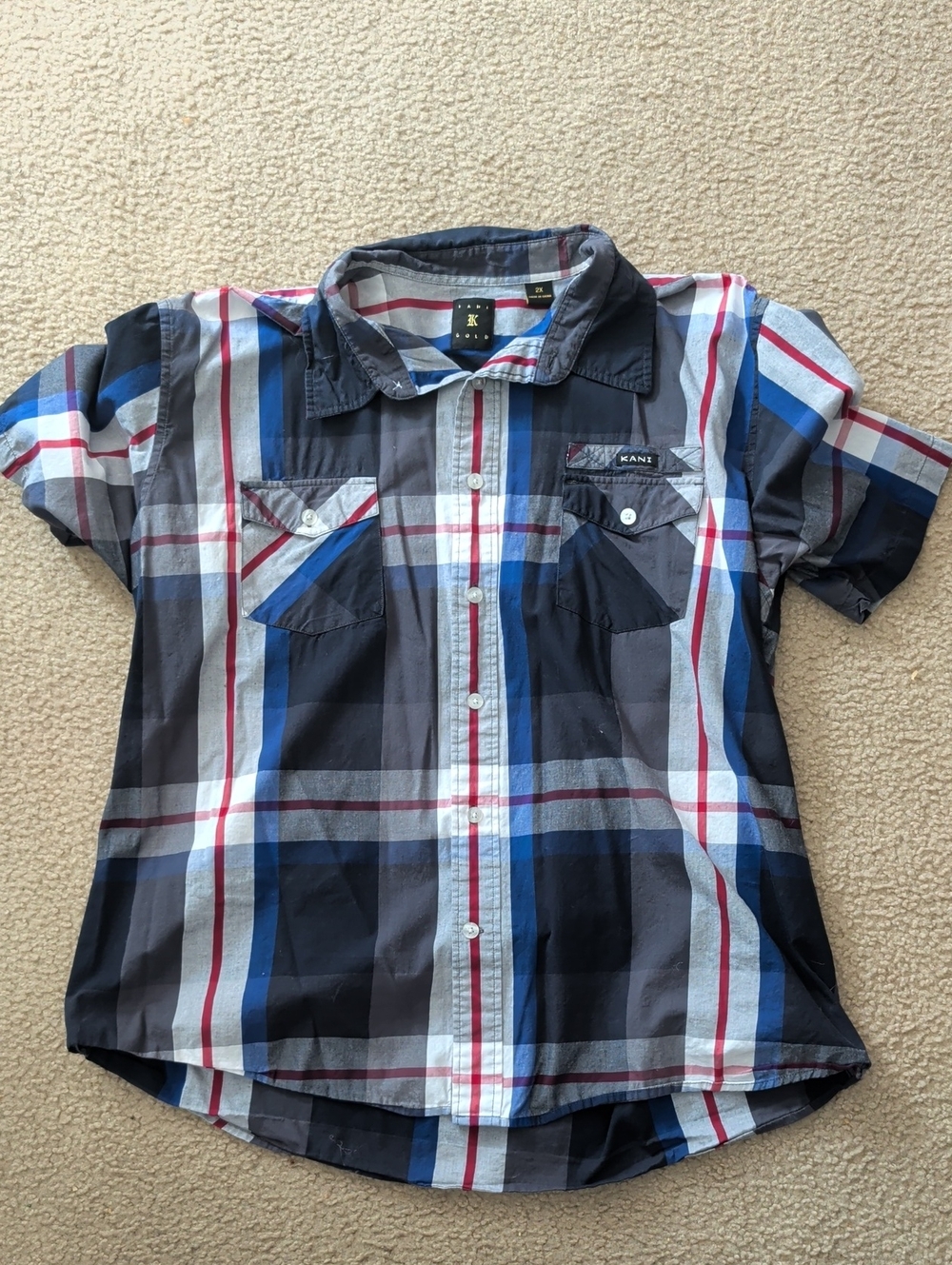 Karl Kani Plaid Short-Sleeve Button-Down in Navy, Gray, Blue, Red